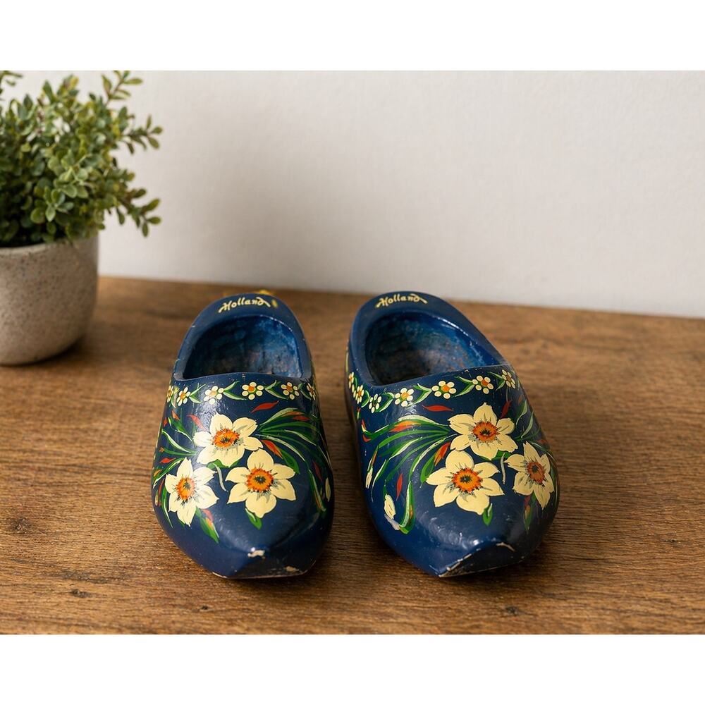 Vintage Holland Wooden Clogs Pair Hand Painted Blue Floral Dutch Shoes